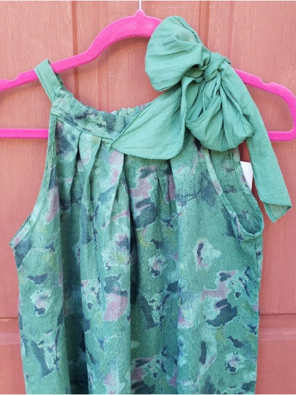 100% Linen Made In Italy Green Floral Halter Tie-Shoulder Maxi Dress - Picture 2 of 6